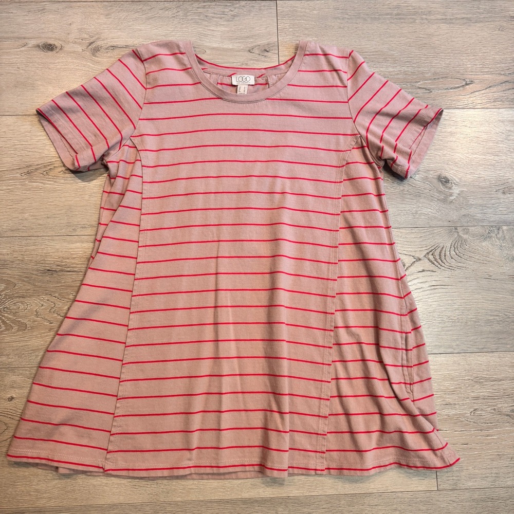 LOGO Lori Goldstein‎ Striped Tunic Top Casual Everyday Pink Red Small S Pockets